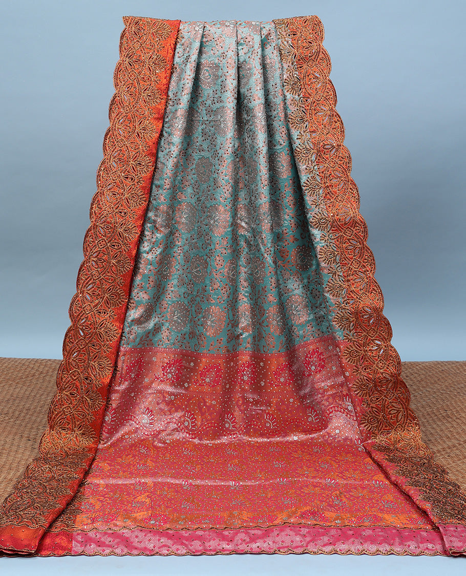 Green floral jacquard & stone embroidery silksaree,contrast zari & stonework scallop border & intricate pallu