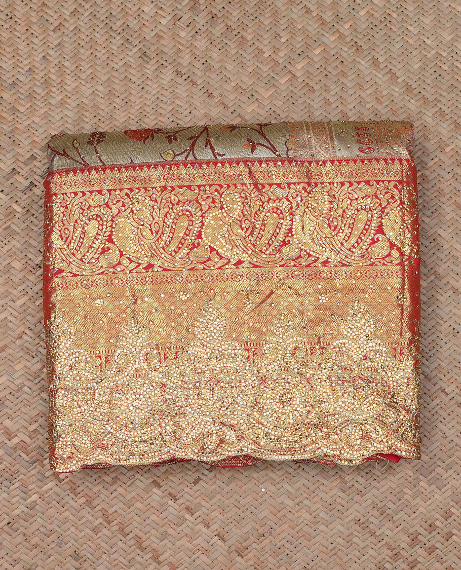 Cream floral jacquard & stone embroidery silksaree,contrast zari & stonework scallop border & intricate pallu