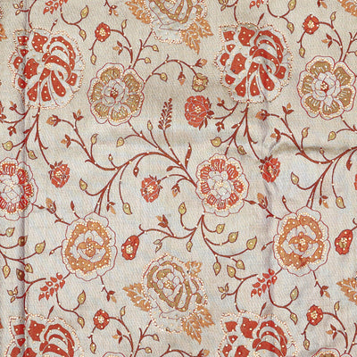Cream floral jacquard & stone embroidery silksaree,contrast zari & stonework scallop border & intricate pallu