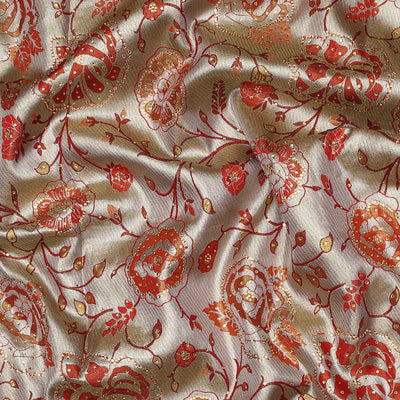 Cream floral jacquard & stone embroidery silksaree,contrast zari & stonework scallop border & intricate pallu