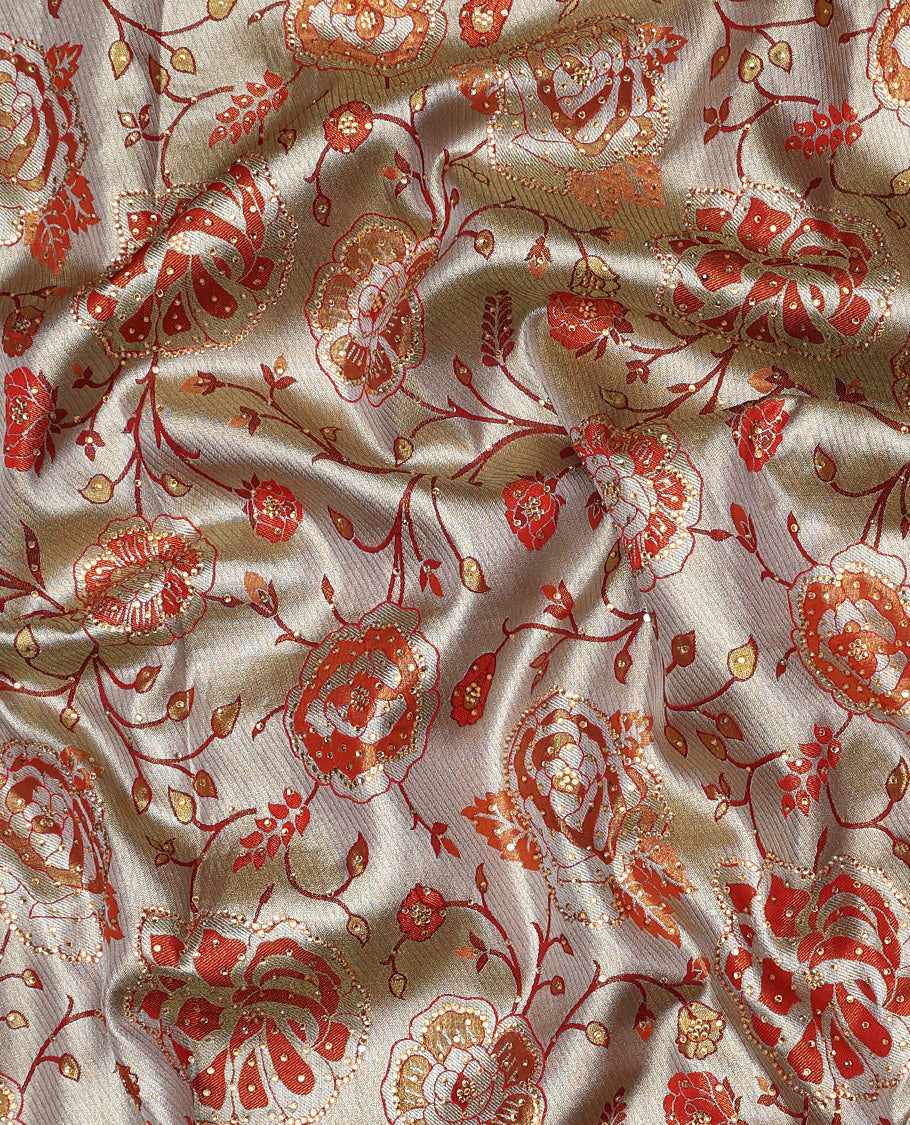 Cream floral jacquard & stone embroidery silksaree,contrast zari & stonework scallop border & intricate pallu