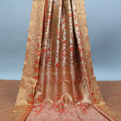 Cream floral jacquard & stone embroidery silksaree,contrast zari & stonework scallop border & intricate pallu