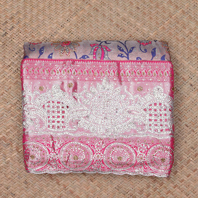 Pink floral jaal jacquard & stone embroidery silksaree,contrast pallu & traditional zari design scallop & cutwork border