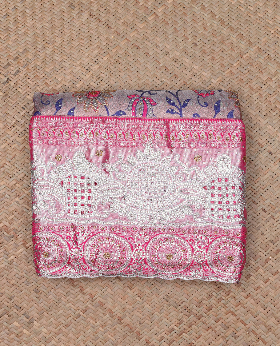 Pink floral jaal jacquard & stone embroidery silksaree,contrast pallu & traditional zari design scallop & cutwork border
