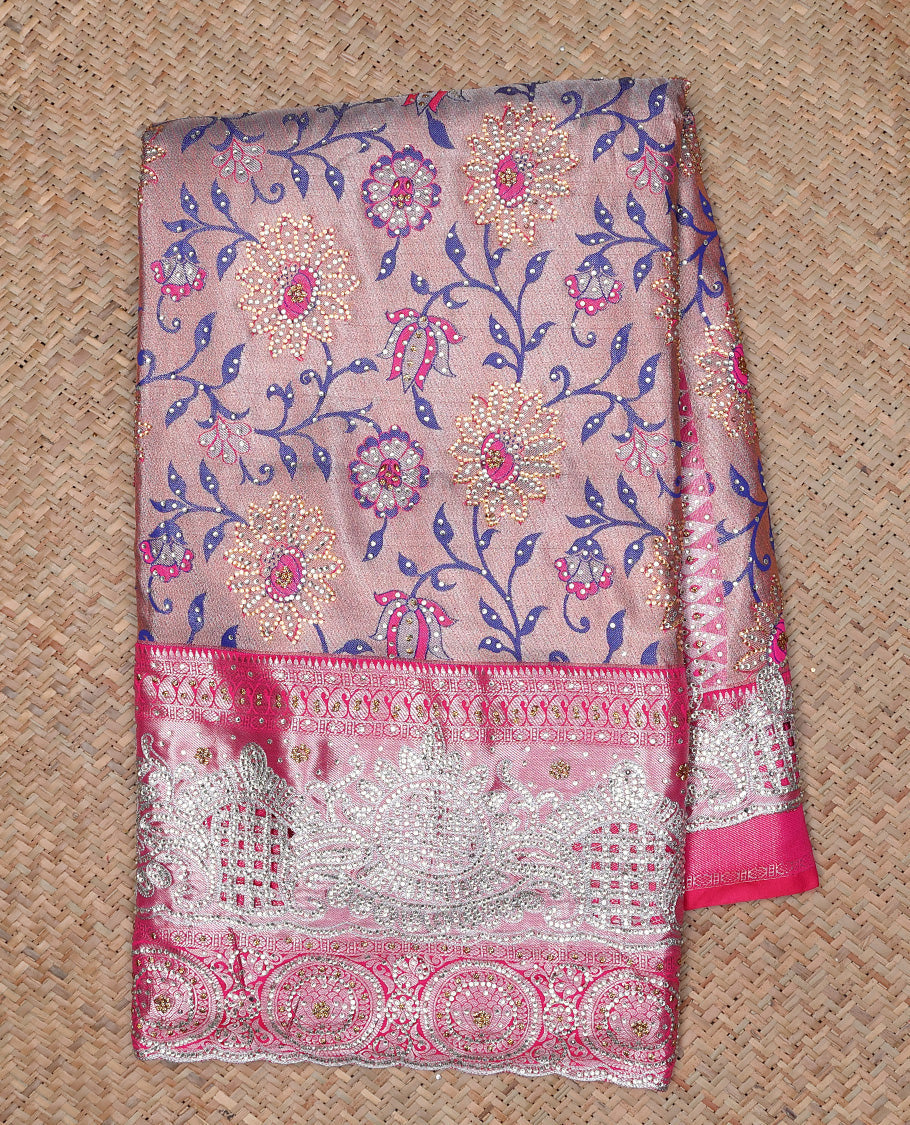 Pink floral jaal jacquard & stone embroidery silksaree,contrast pallu & traditional zari design scallop & cutwork border