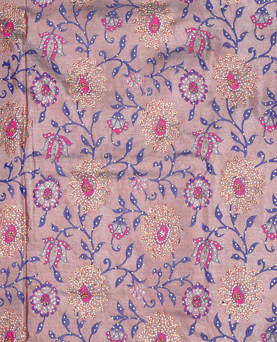 Pink floral jaal jacquard & stone embroidery silksaree,contrast pallu & traditional zari design scallop & cutwork border