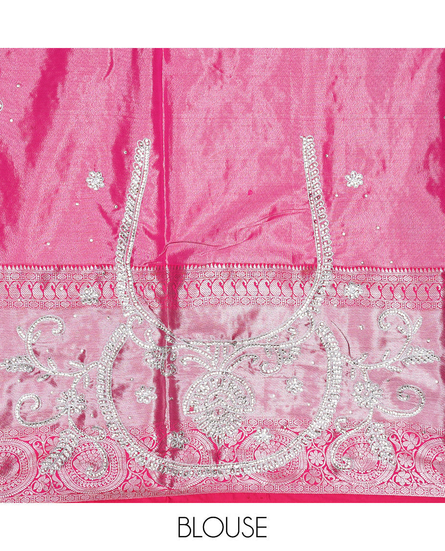 Pink floral jaal jacquard & stone embroidery silksaree,contrast pallu & traditional zari design scallop & cutwork border
