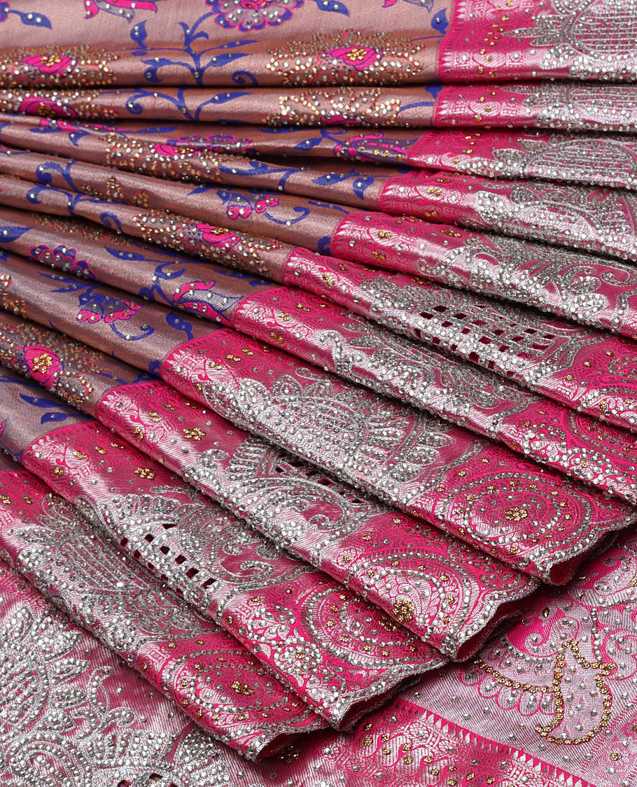 Pink floral jaal jacquard & stone embroidery silksaree,contrast pallu & traditional zari design scallop & cutwork border