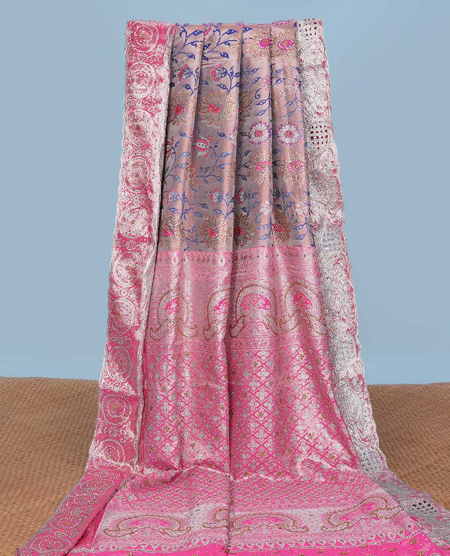 Pink floral jaal jacquard & stone embroidery silksaree,contrast pallu & traditional zari design scallop & cutwork border