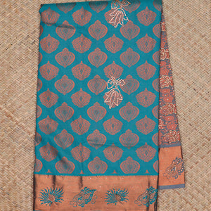 Blue silksaree with zari buttas & stone work, zari border & intricate floral design weave pallu with stone embroidery