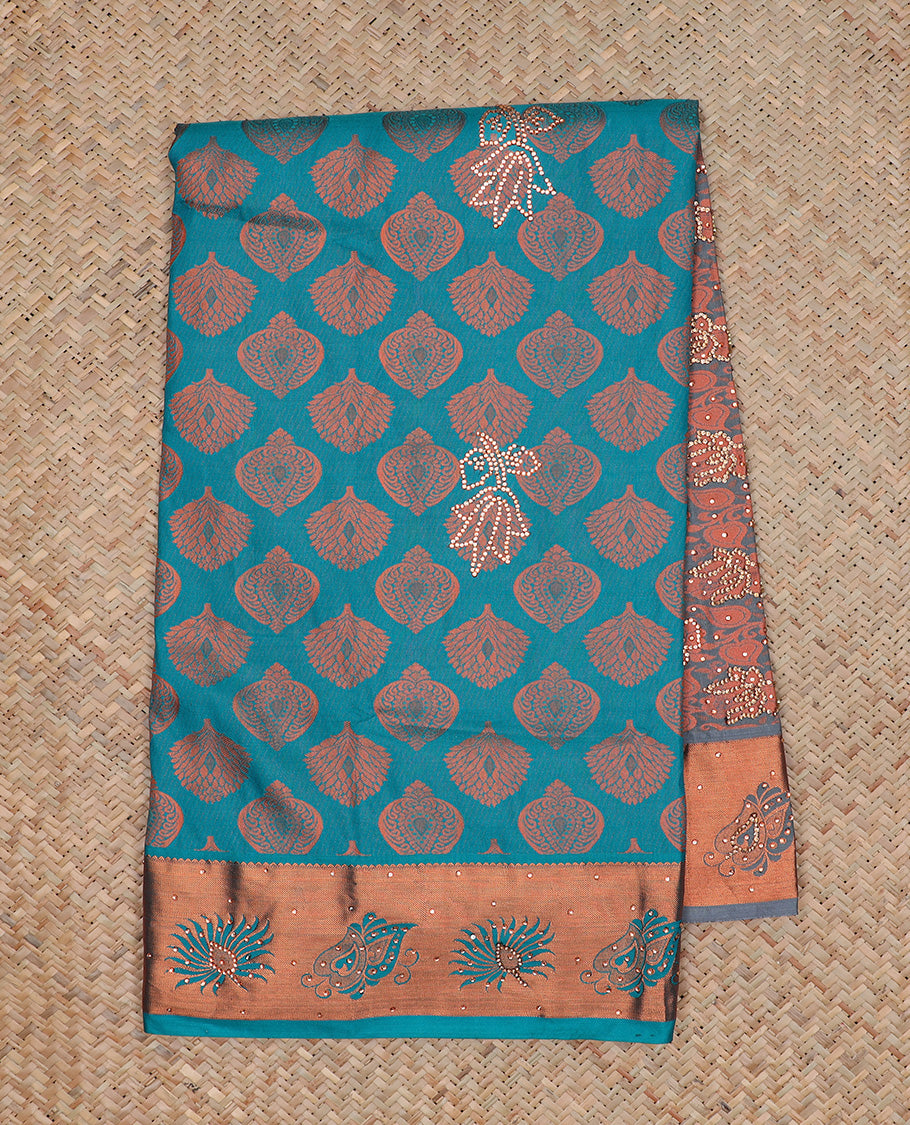Blue silksaree with zari buttas & stone work, zari border & intricate floral design weave pallu with stone embroidery