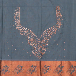 Blue silksaree with zari buttas & stone work, zari border & intricate floral design weave pallu with stone embroidery