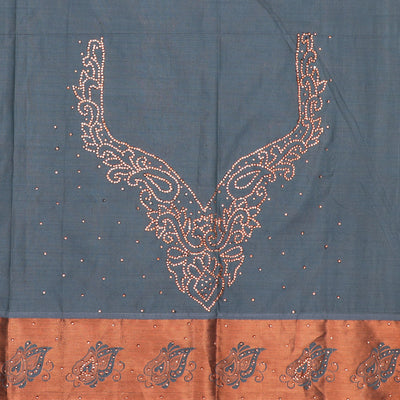 Blue silksaree with zari buttas & stone work, zari border & intricate floral design weave pallu with stone embroidery