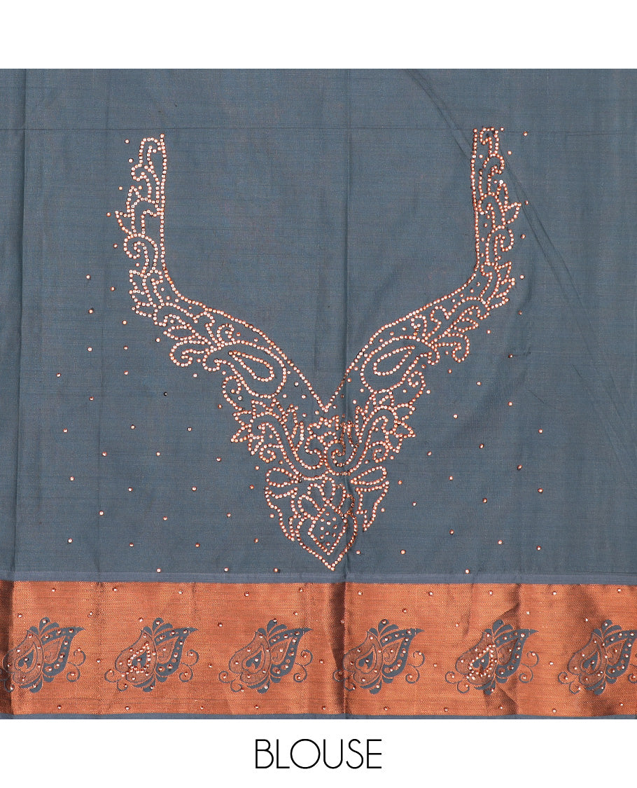 Blue silksaree with zari buttas & stone work, zari border & intricate floral design weave pallu with stone embroidery