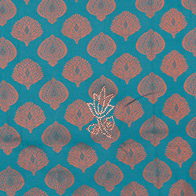 Blue silksaree with zari buttas & stone work, zari border & intricate floral design weave pallu with stone embroidery