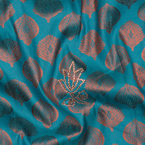 Blue silksaree with zari buttas & stone work, zari border & intricate floral design weave pallu with stone embroidery
