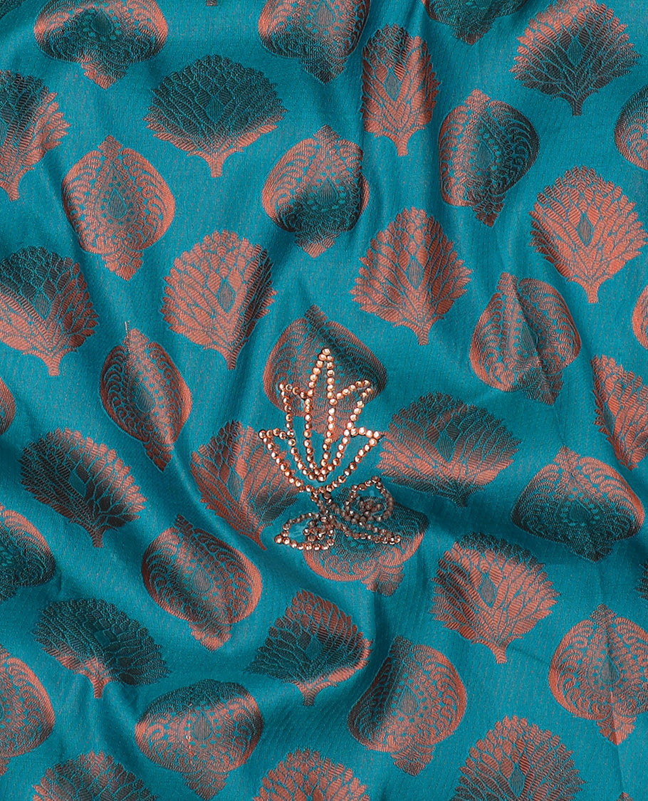 Blue silksaree with zari buttas & stone work, zari border & intricate floral design weave pallu with stone embroidery