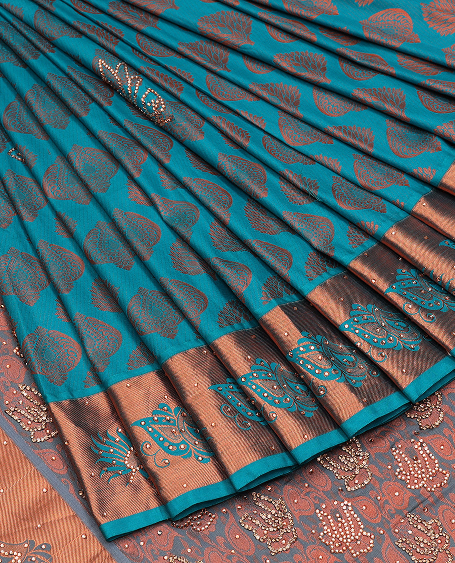 Blue silksaree with zari buttas & stone work, zari border & intricate floral design weave pallu with stone embroidery