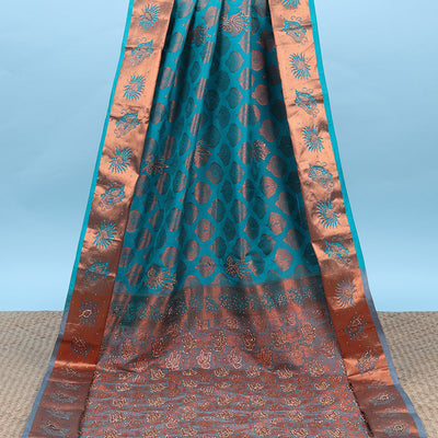 Blue silksaree with zari buttas & stone work, zari border & intricate floral design weave pallu with stone embroidery
