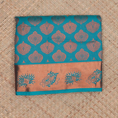 Blue silksaree with zari buttas & stone work, zari border & intricate floral design weave pallu with stone embroidery