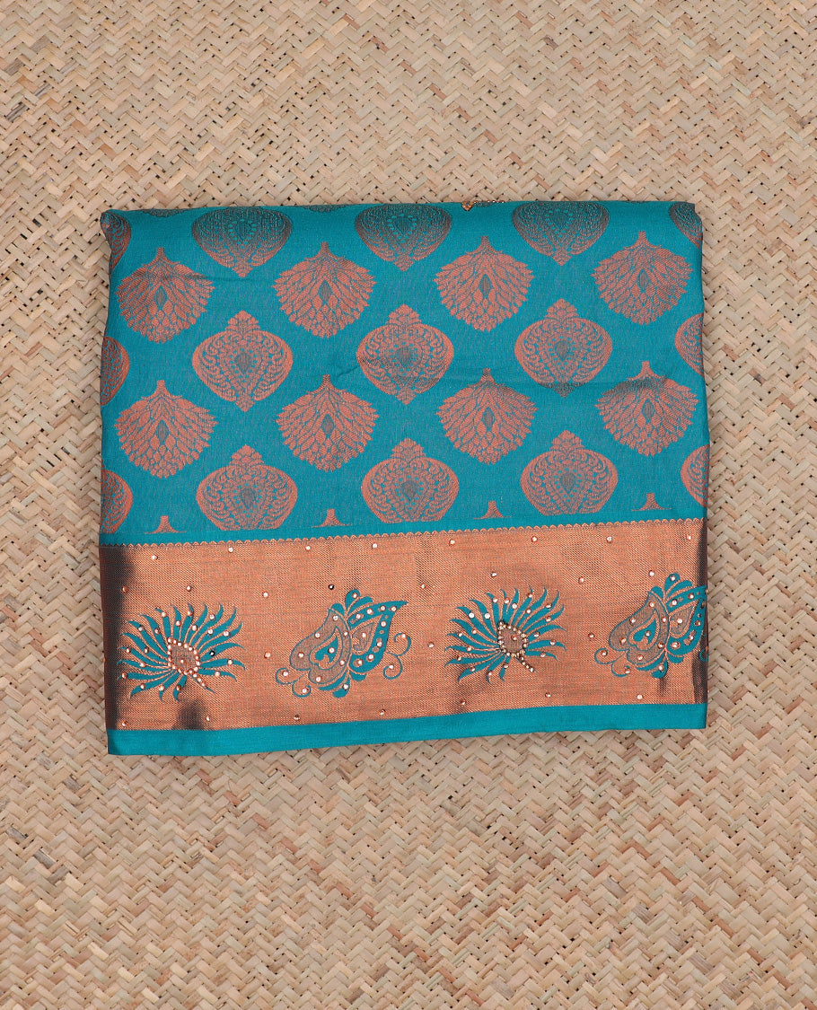 Blue silksaree with zari buttas & stone work, zari border & intricate floral design weave pallu with stone embroidery