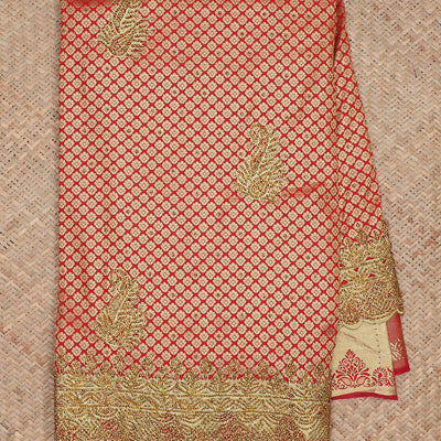 Red jacquard & stonework silksaree,zari & stone embroidery scallop cutwork border & pallu of big paisleys with stonework