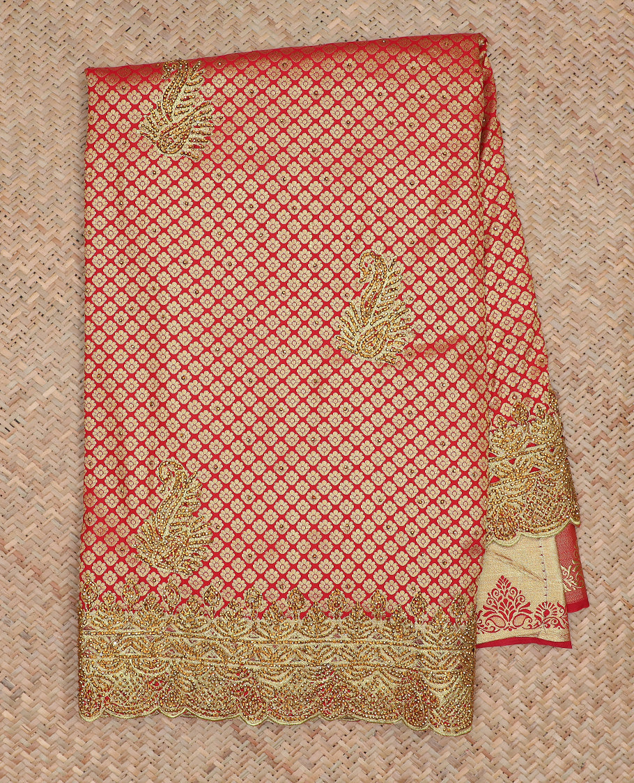 Red jacquard & stonework silksaree,zari & stone embroidery scallop cutwork border & pallu of big paisleys with stonework