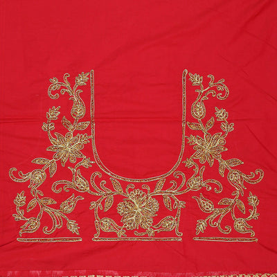 Red jacquard & stonework silksaree,zari & stone embroidery scallop cutwork border & pallu of big paisleys with stonework