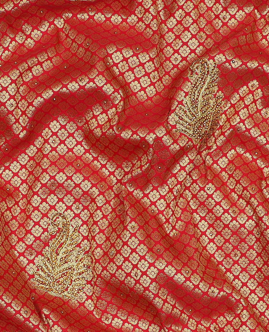 Red jacquard & stonework silksaree,zari & stone embroidery scallop cutwork border & pallu of big paisleys with stonework