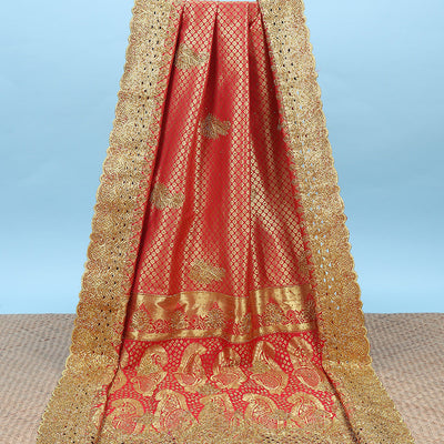Red jacquard & stonework silksaree,zari & stone embroidery scallop cutwork border & pallu of big paisleys with stonework