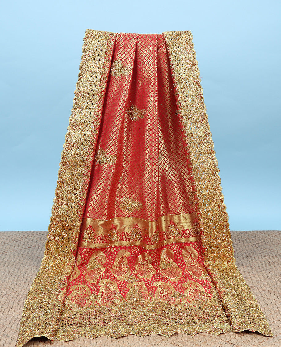 Red jacquard & stonework silksaree,zari & stone embroidery scallop cutwork border & pallu of big paisleys with stonework