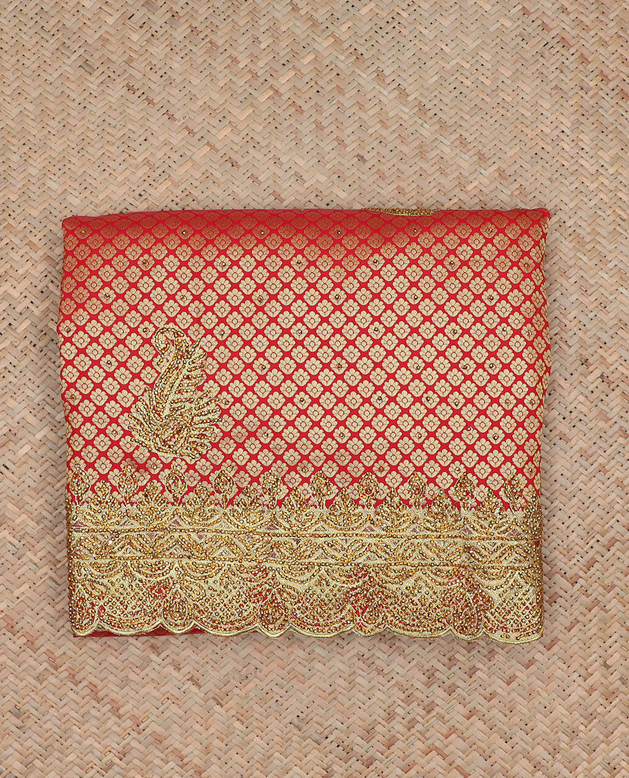 Red jacquard & stonework silksaree,zari & stone embroidery scallop cutwork border & pallu of big paisleys with stonework