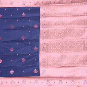Blue butter silk saree with rose copper zari buttas, contrast zari border & floral jaal pallu