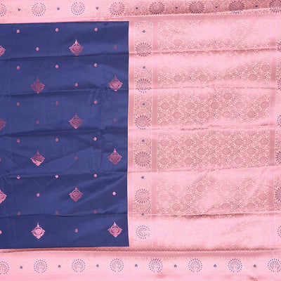 Blue butter silk saree with rose copper zari buttas, contrast zari border & floral jaal pallu