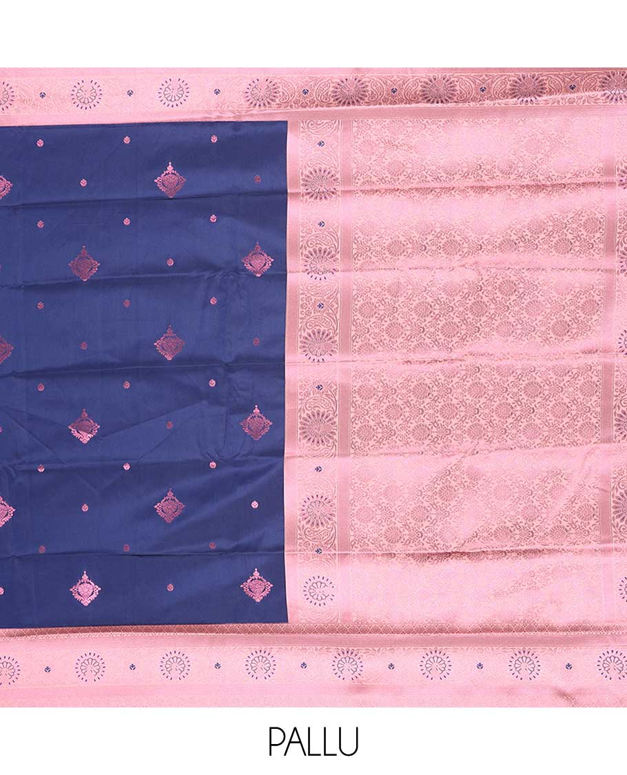 Blue butter silk saree with rose copper zari buttas, contrast zari border & floral jaal pallu