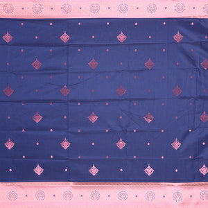 Blue butter silk saree with rose copper zari buttas, contrast zari border & floral jaal pallu