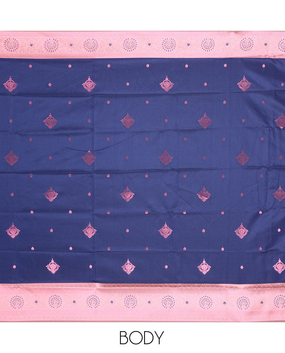 Blue butter silk saree with rose copper zari buttas, contrast zari border & floral jaal pallu