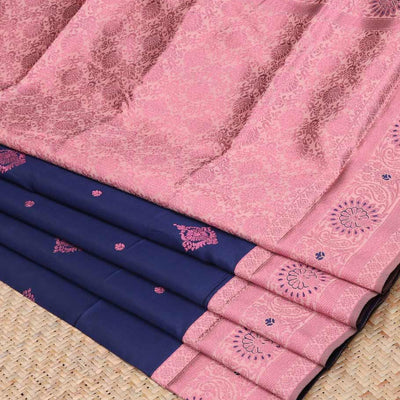 Blue butter silk saree with rose copper zari buttas, contrast zari border & floral jaal pallu