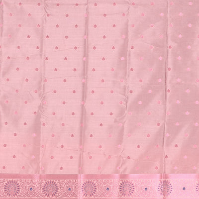 Blue butter silk saree with rose copper zari buttas, contrast zari border & floral jaal pallu