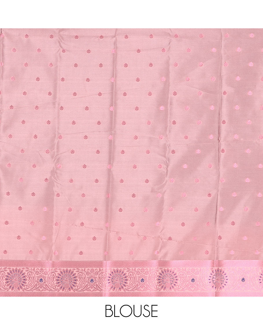 Blue butter silk saree with rose copper zari buttas, contrast zari border & floral jaal pallu