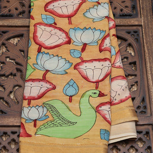 Sandal pichwai lotus & birds hand-painted pen kalamkari silksaree, traditional zari border & pallu of kalamkari peacocks