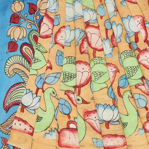 Sandal pichwai lotus & birds hand-painted pen kalamkari silksaree, traditional zari border & pallu of kalamkari peacocks