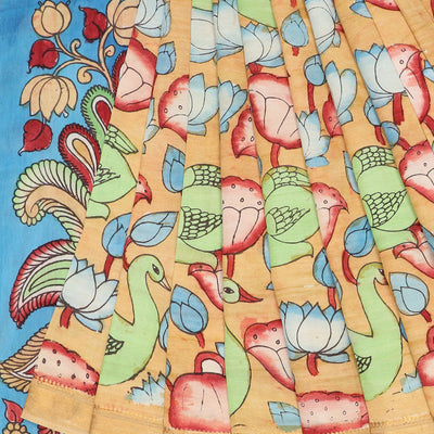 Sandal pichwai lotus & birds hand-painted pen kalamkari silksaree, traditional zari border & pallu of kalamkari peacocks