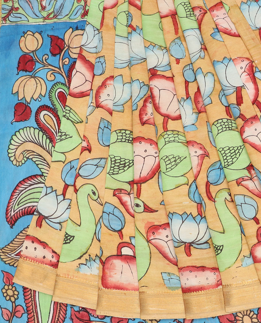 Sandal pichwai lotus & birds hand-painted pen kalamkari silksaree, traditional zari border & pallu of kalamkari peacocks
