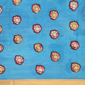 Sandal pichwai lotus & birds hand-painted pen kalamkari silksaree, traditional zari border & pallu of kalamkari peacocks