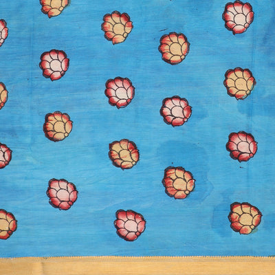 Sandal pichwai lotus & birds hand-painted pen kalamkari silksaree, traditional zari border & pallu of kalamkari peacocks
