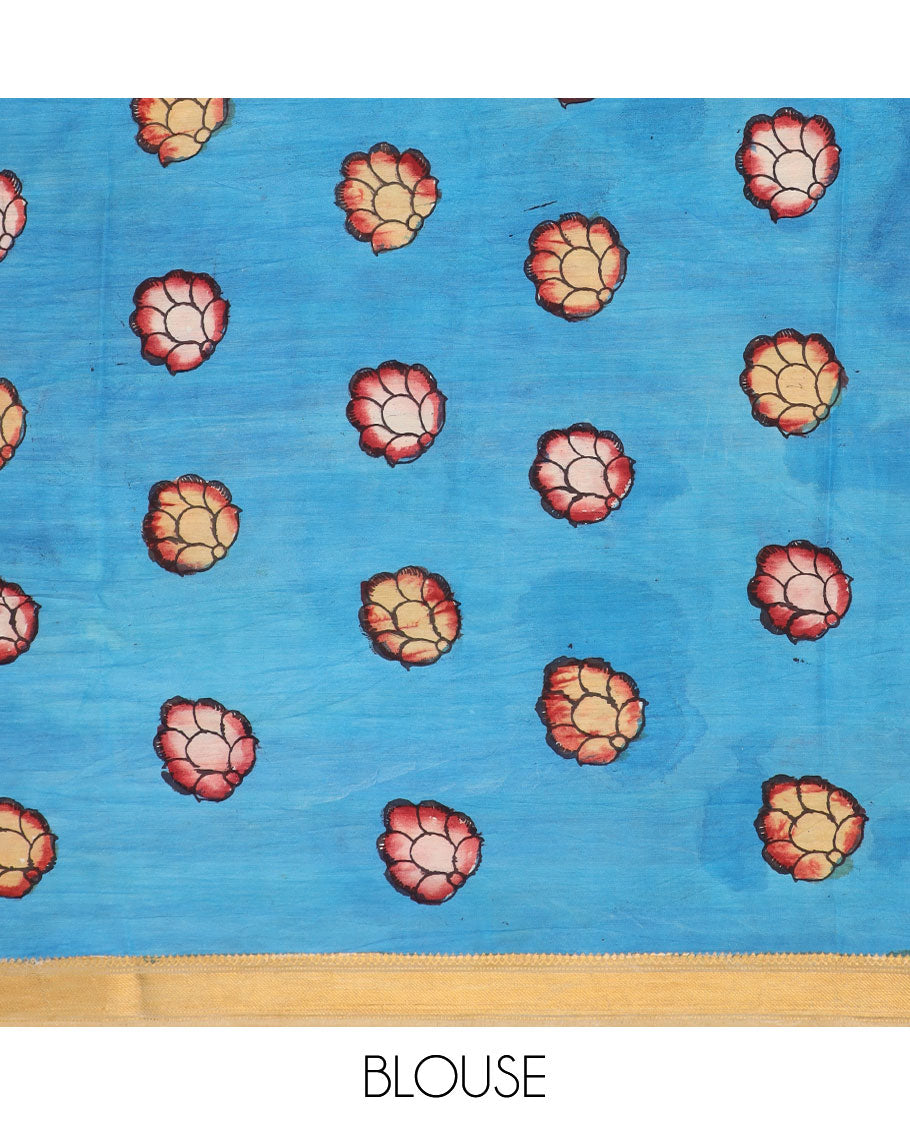 Sandal pichwai lotus & birds hand-painted pen kalamkari silksaree, traditional zari border & pallu of kalamkari peacocks