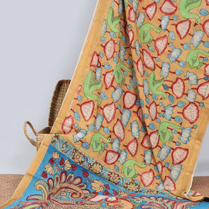 Sandal pichwai lotus & birds hand-painted pen kalamkari silksaree, traditional zari border & pallu of kalamkari peacocks