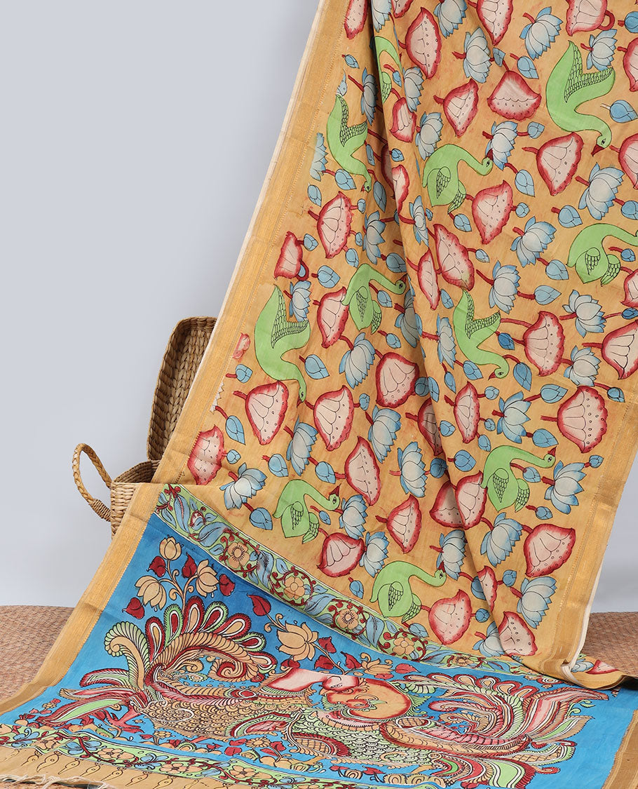 Sandal pichwai lotus & birds hand-painted pen kalamkari silksaree, traditional zari border & pallu of kalamkari peacocks