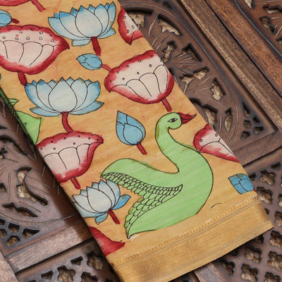Sandal pichwai lotus & birds hand-painted pen kalamkari silksaree, traditional zari border & pallu of kalamkari peacocks